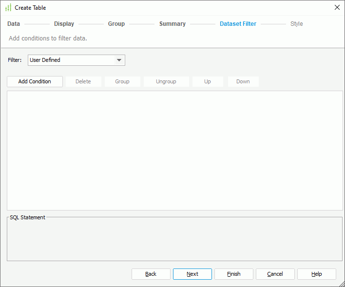 Create Table wizard - Filter