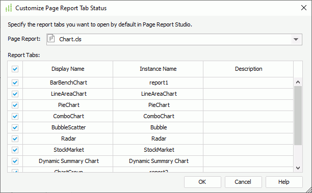 Customize Page Report Tab Status dialog box