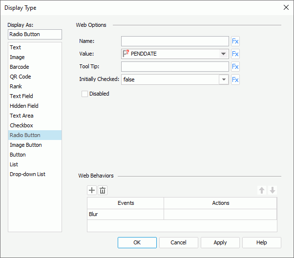 Display Type dialog box - Radio Button