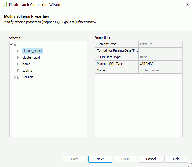 Elasticsearch Connection Wizard - Modify Schema Properties