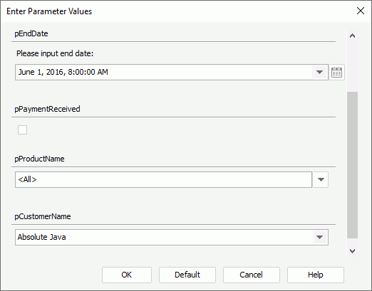 Enter Parameter Values dialog box