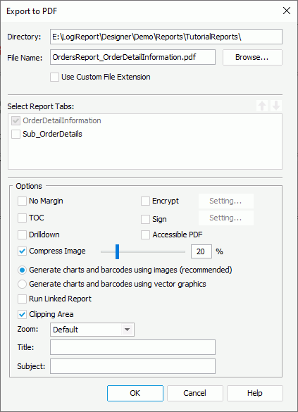 Export to PDF dialog box