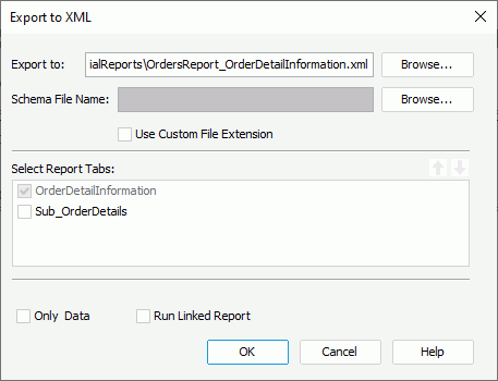 Export to XML dialog box