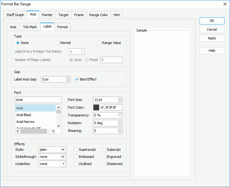 Format Bar Gauge dialog box - Axis - Label