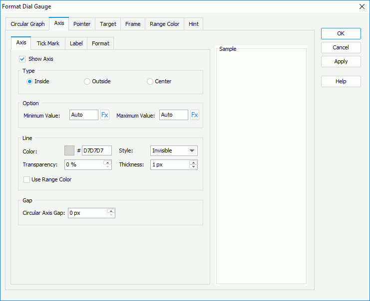 Format Dial Gauge dialog box - Axis - Axis1