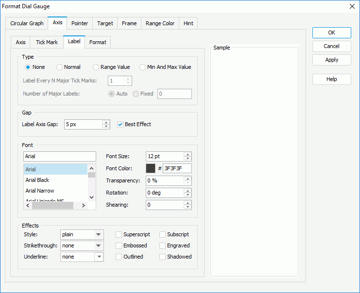 Format Dial Gauge dialog box - Axis - Label