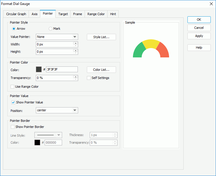 Format Dial Gauge dialog box - Pointer