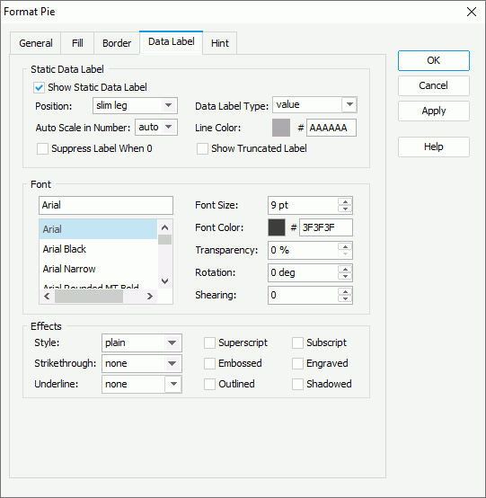 Format Pie dialog box - Data Label tab