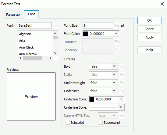 Format Text dialog box - Font