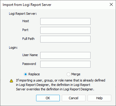 Import from Logi Report Server dialog box