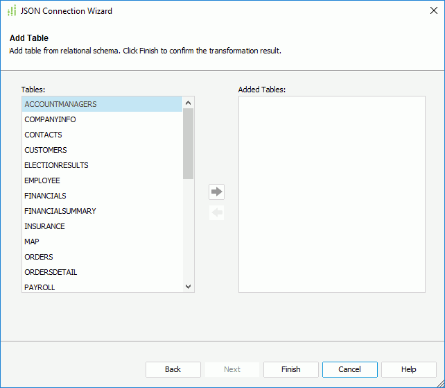 JSON Connection Wizard - Add Table