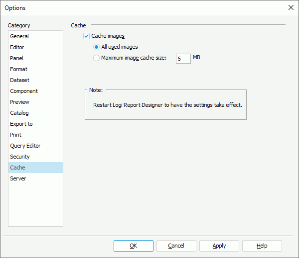 Options dialog box - Cache category