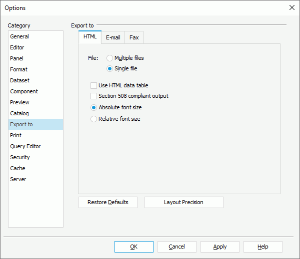 Options dialog box - Export to category - HTML tab