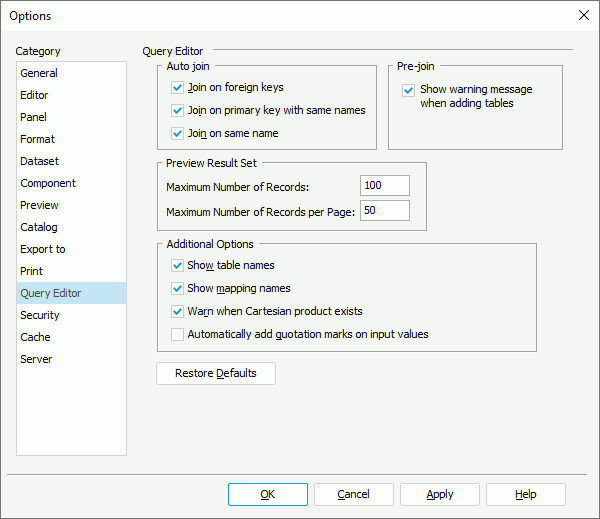 Options dialog box - Query Editor category