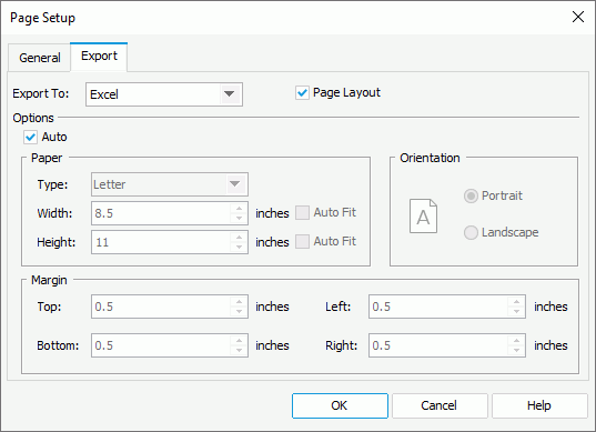 Page Setup dialog box - Export tab