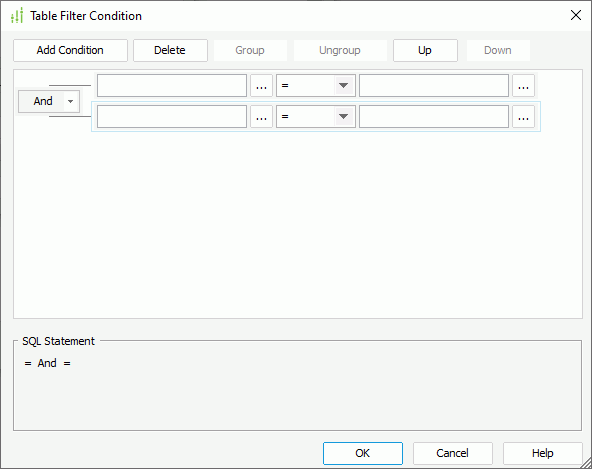 Table Filter Condition dialog box