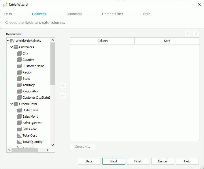 Summary Table Wizard - Columns