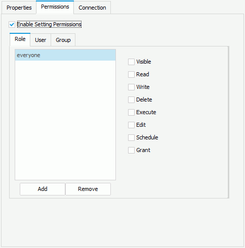 Publish to Logi Report Server dialog box - Permission tab