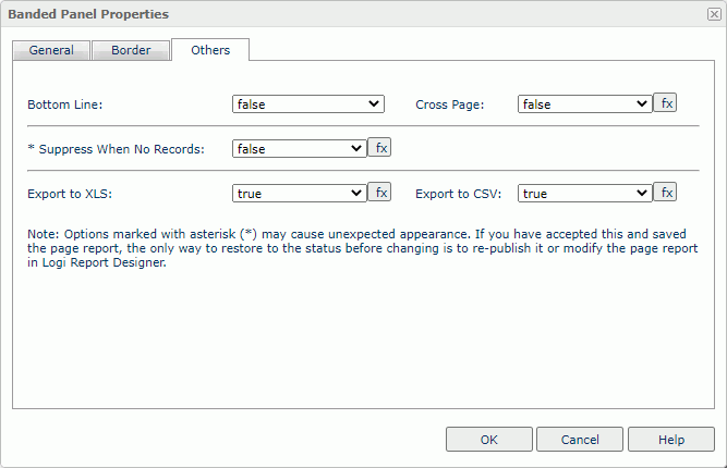 Banded Panel Properties dialog box - Others tab