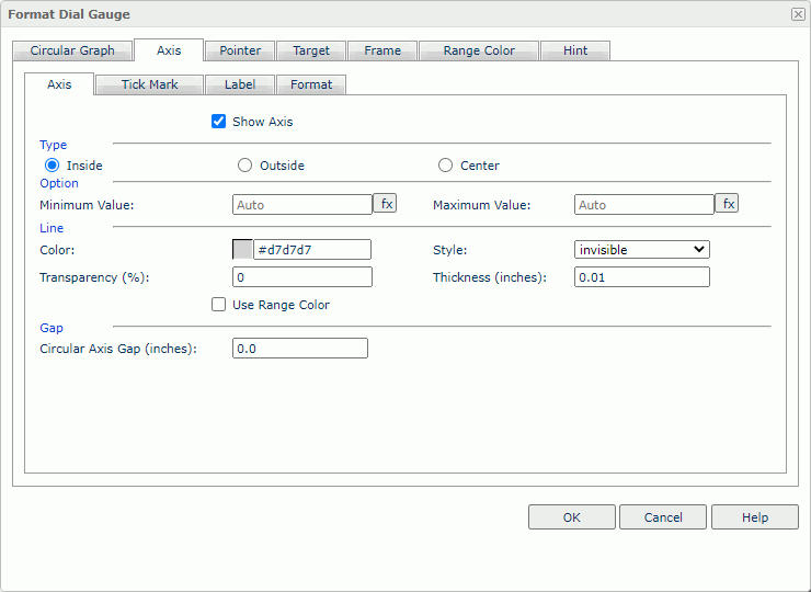 Format Dial Gauge dialog box - Axis - Axis tab