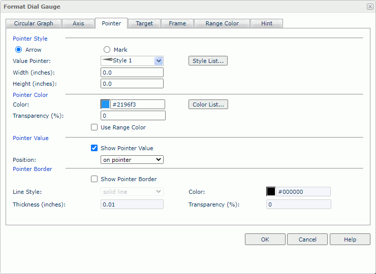 Format Dial Gauge dialog box - Pointer