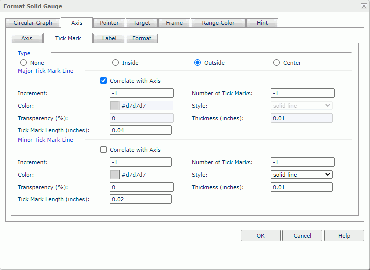 Format Solid Gauge dialog box - Axis - Tick Mark