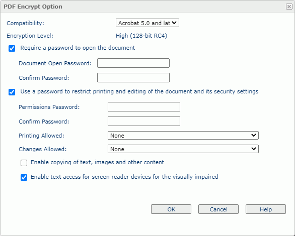 PDF Encrypt Option dialog box