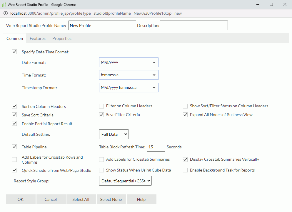 Web Report Studio Profile dialog box - Common tab