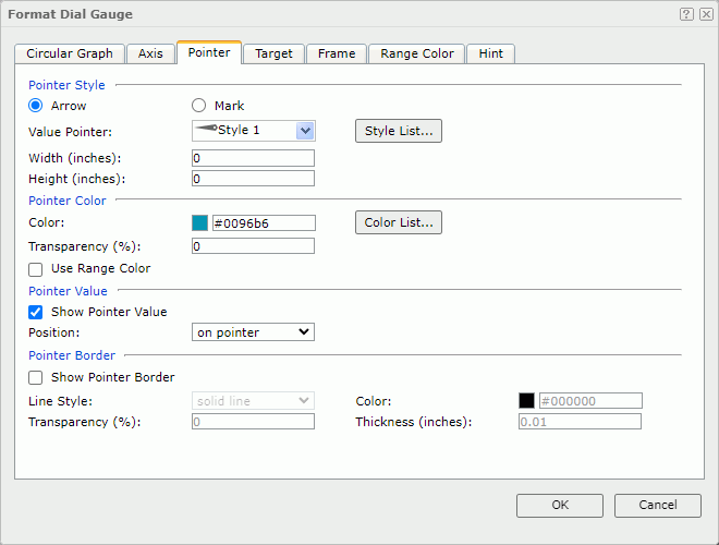 Format Dial Gauge dialog - Pointer