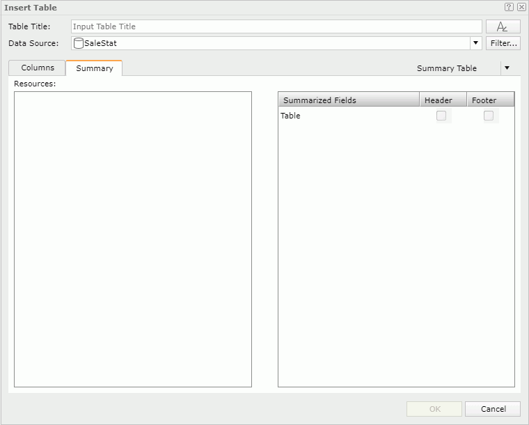 Insert Table dialog - Summary Table - Summary