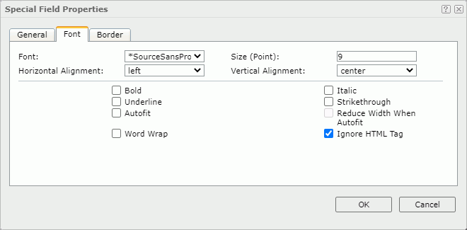 Special Field Properties dialog - Font tab