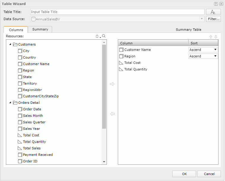 Table Wizard - Summary Table - Columns