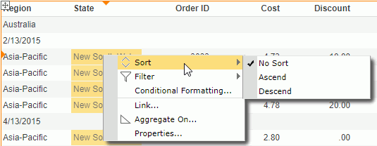 Sort Table by Shortcut Menu