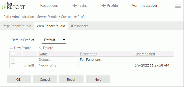 Server Profile - Customize Profile - Web Report Studio