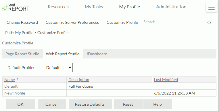 My Profile - Customize Profile - Web Report Studio